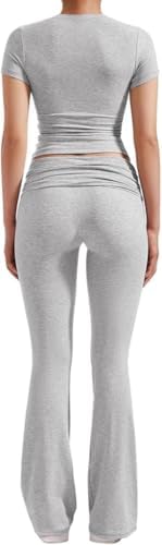 ZFLM Casual Workout Two Piece Outfits For Women Short Sleeve Crop High Waist Foldover Flare Pants Tracksuit Sets Streetwear