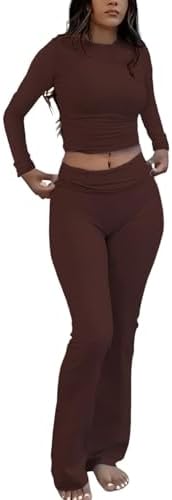 ZFLM Casual Workout Two Piece Outfits Long Sleeve High Waist Fold-Over Flared Leggings Pants Tracksuit Sets Streetwear