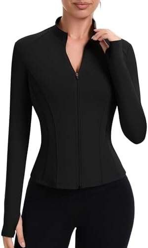 ZHENWEI Workout Jackets for Women Full Zip Up Cropped Athletic Long Sleeve Lightweight Slim Fit Running Tops with Pockets