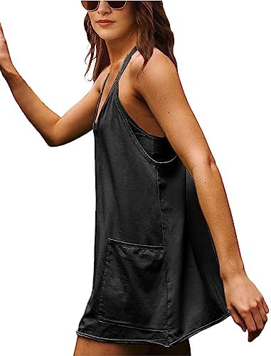 Zhiyouni Women's Summer Sleeveless Mini Dress V Neck Spaghetti Straps Athletic Built-in Shorts Sundress