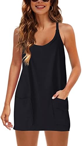Zhiyouni Women's Summer Sleeveless Mini Dress V Neck Spaghetti Straps Athletic Built-in Shorts Sundress