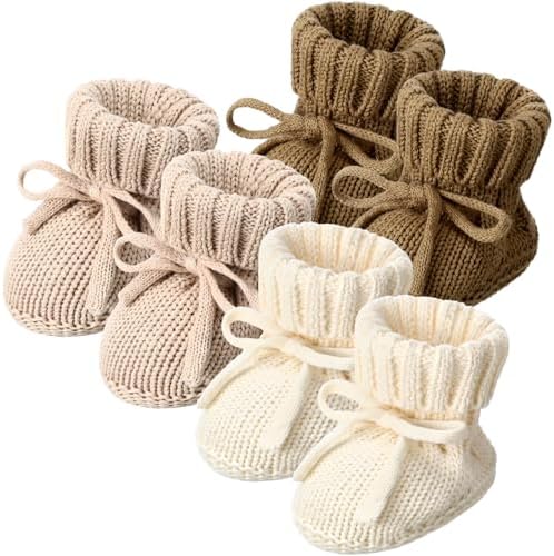 3 Pairs Knitted Baby Booties 0-6 Months Newborn Baby Shoes First Walkers Cozy Shoes for Infant Girl Boy