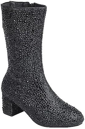 ABSOLEX Girl's Rhinestone Round Toe Knee High Chunky Low Heel Boot