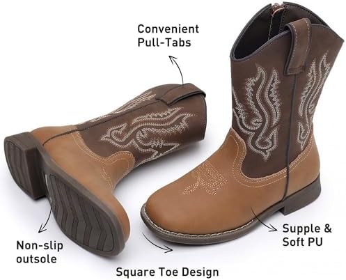 Ahannie Kids Cowboy Boots Boys Girls Square Toe Mid-Calf Cowgirl Western Boots With Side Zipper (Toddler/Little Kid/Big Kid)