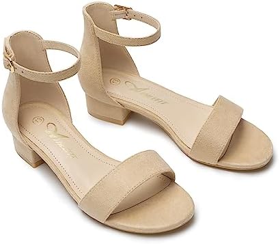 Athlefit Girls Sandals Open Toe Ankle Strap Low Heels Girl Dress Shoes For Toddler Little Big Kid