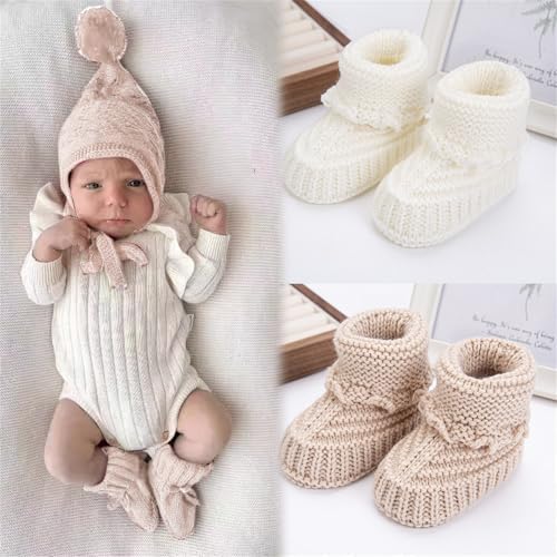 Baby Booties Newborn Walking Shoes Infant Hand Crochet Knit Cotton Sock Booties Soft Cozy Socks Slippers Indoor House Shoes For Baby 2 Pairs
