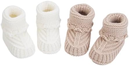 Baby Booties Newborn Walking Shoes Infant Hand Crochet Knit Cotton Sock Booties Soft Cozy Socks Slippers Indoor House Shoes for Baby 2 Pairs