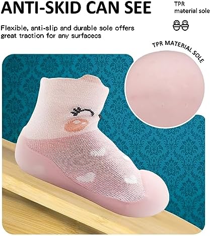 Baby Girl Sock Shoes Rubber Sole Non Slip Indoor Slipper Infant Girls First Walking Floor Shoes Soft Sole Non-Skid Slipper Breathable Lightweight Cotton Mesh Baby Shoes