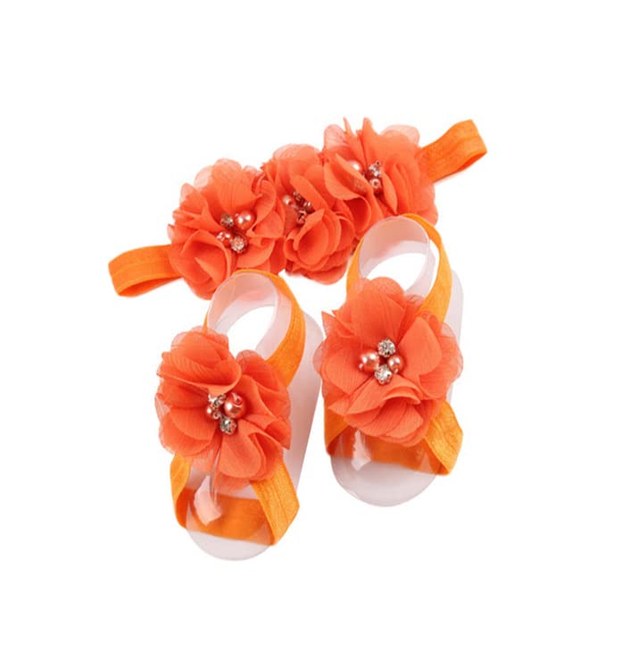 Baby Girls Infant Crochet Butterfly Headbands And Knitted Flower Barefoot Sandals.(BBFJ3) (Orange)