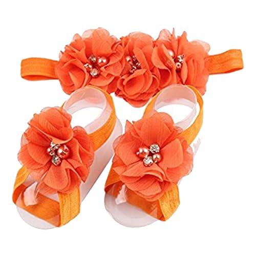 Baby girls infant crochet butterfly headbands and knitted flower barefoot sandals.(BBFJ3) (Orange)