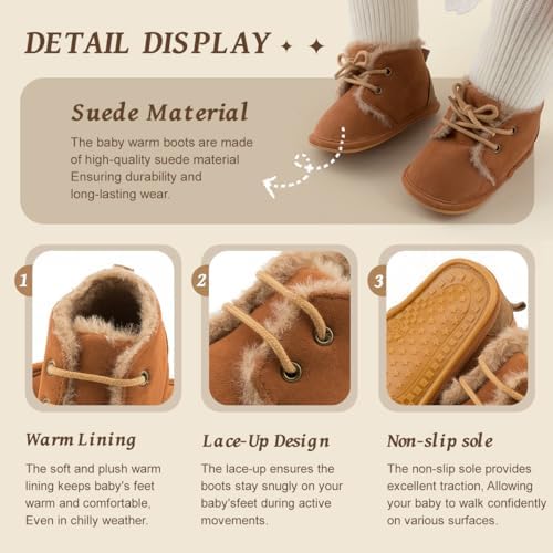 Baby Unisex Warm Snow Boots Newborn Leather Fur Lace Up Ankle Anti-Slip Rubber Texture Sole Toddler Prewalker Winter Crib Shoes