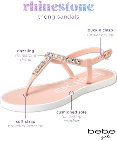 Bebe Girls Sandals - 1 Pack Or 2 Pack Open Toe Summer Dress Flat Thong Girls T Strap Sandals With Ankle Strap For Little Kids