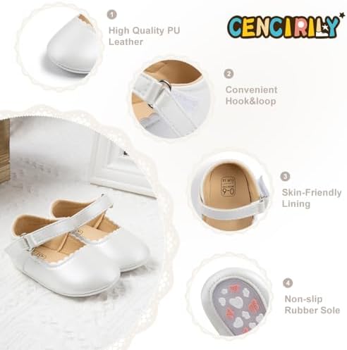 CENCIRILY Infant Baby Girls Mary Jane Flats Non Slip Soft Sole Prewalker Princess Wedding Dress Shoes