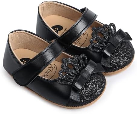 Clowora Infant Toddler Baby Girl Dress Shoes Mary Jane First Walking PU Leather Princess Wedding Rubber Sole Non-Slip With Bowknot Floral Flats