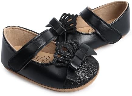 Clowora Infant Toddler Baby Girl Dress Shoes Mary Jane First Walking PU Leather Princess Wedding Rubber Sole Non-Slip With Bowknot Floral Flats