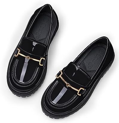 Coutgo Girl's Platform Loafers Slip On Chain Chunky Heel Leather Flats Round Toe School Uniform Dress Shoes