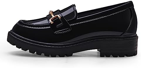 Coutgo Girl's Platform Loafers Slip On Chain Chunky Heel Leather Flats Round Toe School Uniform Dress Shoes