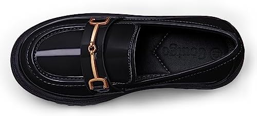 Coutgo Girl's Platform Loafers Slip On Chain Chunky Heel Leather Flats Round Toe School Uniform Dress Shoes