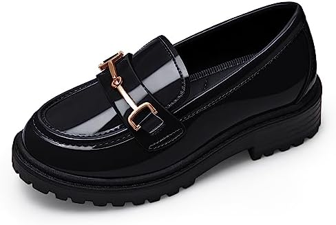 Coutgo Girl's Platform Loafers Slip On Chain Chunky Heel Leather Flats Round Toe School Uniform Dress Shoes