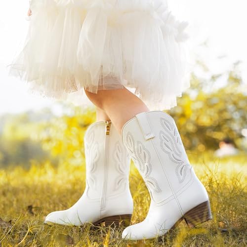 Cowgirl Boots For Little Girls Mid Calf Pointed Toe Kid Cowboy Boots Side Zipper Classic Embroidered Western Boots Horse Riding Shoes Party For Toddler Little Big Kids