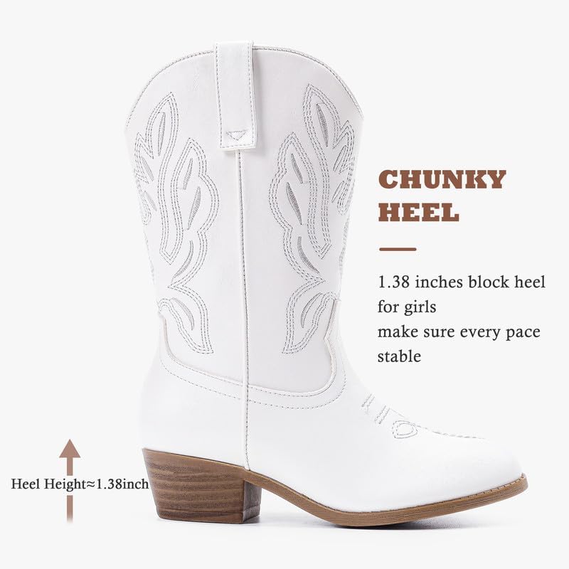 Cowgirl Boots For Little Girls Mid Calf Pointed Toe Kid Cowboy Boots Side Zipper Classic Embroidered Western Boots Horse Riding Shoes Party For Toddler Little Big Kids