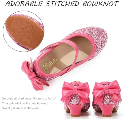 Didida Girl Dress Shoes Glitter Heel Shoes For Girls Mary Jane Pumps With Bow