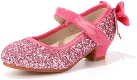 Didida Girl Dress Shoes Glitter Heel Shoes for Girls Mary Jane Pumps with Bow