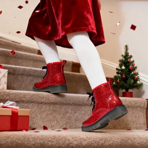 DREAM PAIRS Girls Boys Glitter Ankle Boots Side Zipper Combat Shoes With Lace Up For Toddler/Little Kid/Big Kid