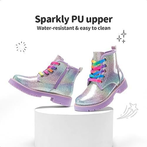 DREAM PAIRS Girls Boys Glitter Ankle Boots Side Zipper Combat Shoes With Lace Up For Toddler/Little Kid/Big Kid