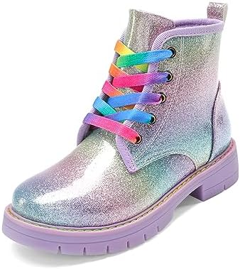 DREAM PAIRS Girls Boys Glitter Ankle Boots Side Zipper Combat Shoes with Lace Up for Toddler/Little Kid/Big Kid
