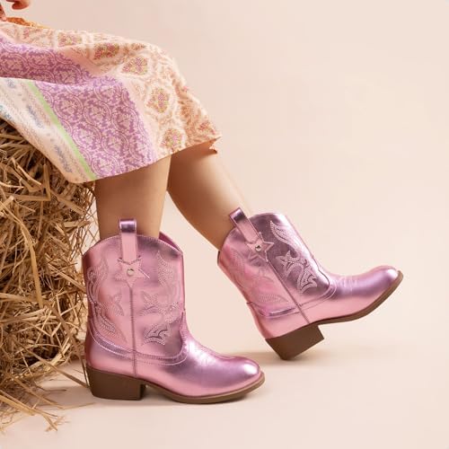 DREAM PAIRS Girls Cowgirl Boots Cowboy Boots With Low Heel Western Embroidered Fashion Mid Calf Shoes For Toddler/Little Kid/Big Kid