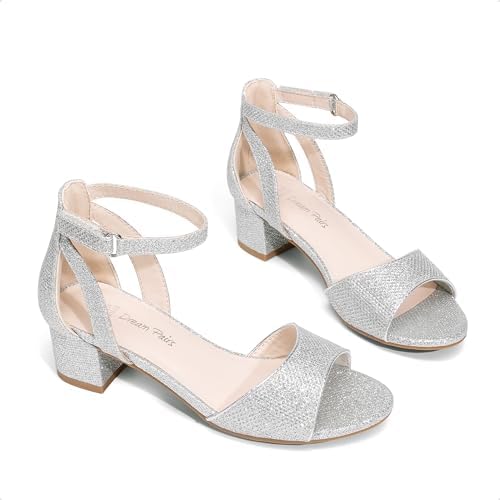 DREAM PAIRS Girls Sandals Chunky Pump Ankle Strap High Heels Dress Open Toe Flower Wedding Party For Little Big Kid