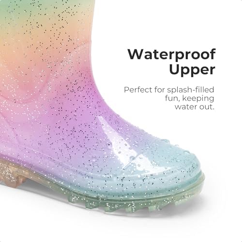 DREAM PAIRS Kids Rain Boots Glitter Boys Girls With Easy-on Handles Sparkly Waterproof Boots Outdoor Playing Rain Boots Unisex-Child