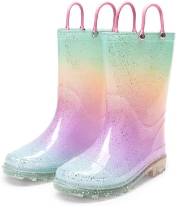 DREAM PAIRS Kids Rain Boots Glitter Boys Girls with Easy-on Handles Sparkly Waterproof Boots Outdoor Playing Rain Boots Unisex-Child