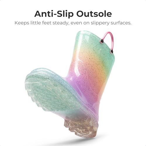 DREAM PAIRS Kids Rain Boots Glitter Boys Girls With Easy-on Handles Sparkly Waterproof Boots Outdoor Playing Rain Boots Unisex-Child