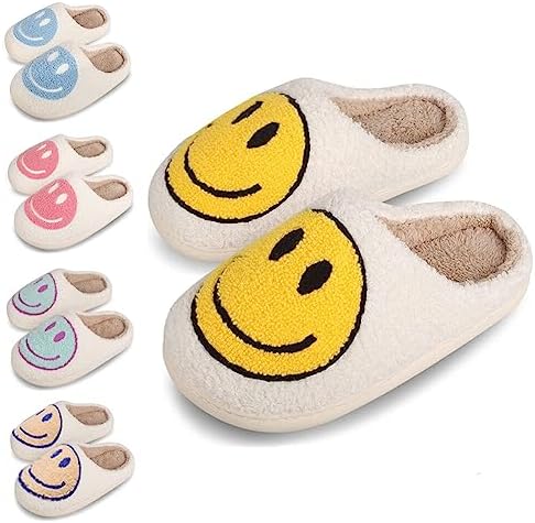 dubuto Smile Face Slippers for Girls Boys Cute Soft Plush Anti-slip House Kids Girls Slippers with Memory Foam Warm Cartoon Happy face Shoes for Indoor Outdoor