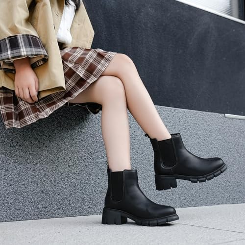 Dufannie Girls Ankle Boots Kids Chelsea Booties Slip On Lug Sole Low Heel Fall Boot For Little Big Kid