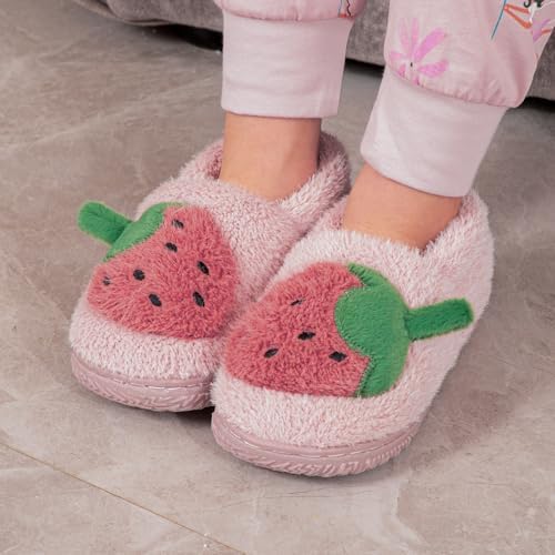 ESTAMICO Girls Cute Cartoon Slippers With Memory Foam Kids Plush Warm Winter House Shoes