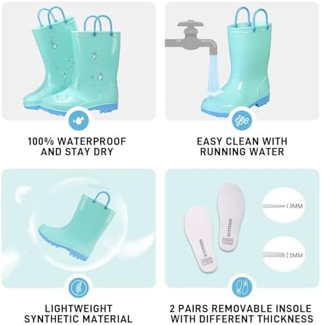 EUXTERPA Boys Girls Waterproof Rain Boots Kids Toddler Solid Color Boots With Easy On Handles