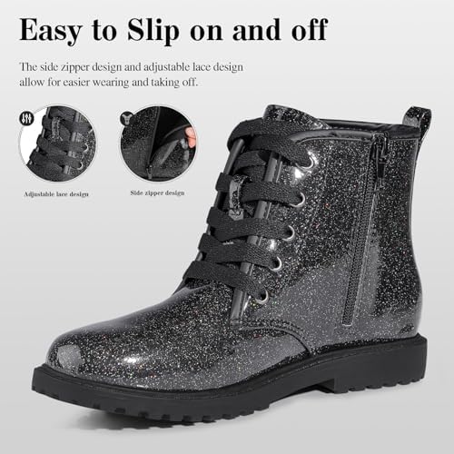 FITORY Girls/Boys Ankle Combat Boots With Side Zipper And Lace-Up Waterproof Glitter Style Easy On/Off Sparkle Shoes For Toddler/Little Kid/Big Kid