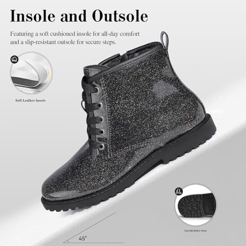 FITORY Girls/Boys Ankle Combat Boots With Side Zipper And Lace-Up Waterproof Glitter Style Easy On/Off Sparkle Shoes For Toddler/Little Kid/Big Kid