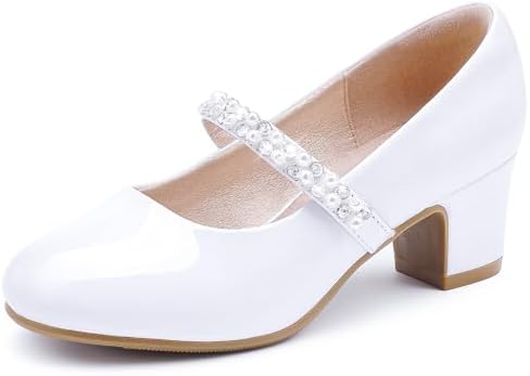 Flower Girl Shoes Kids High Heels Mary Jane Flats Cute Pearl Rhinestones Girls Dress Pumps Shoes for Church Wedding Party Little Big Kids