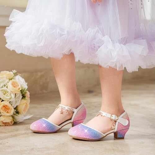 Furdeour Girls Dress Shoes Princess Crystal High Heels Closed Toe Party Wedding Flower Girls Shoes Toddler Little Big Kid