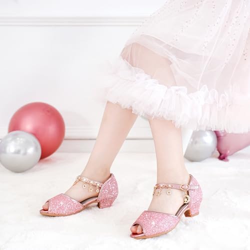 Furdeour Sparkly Girls Dress Shoes Princess Shoes High Heels Peep Toe Low Heel Glitter Toddler Big Kid Wedding Party