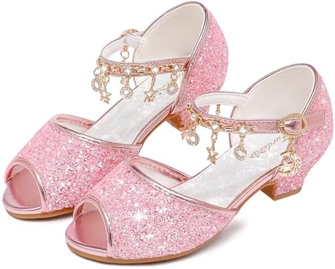 Furdeour Sparkly Girls Dress Shoes Princess Shoes High Heels Peep Toe Low Heel Glitter Toddler Big Kid Wedding Party