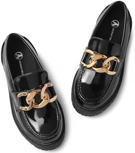 Girl's Platform Loafers Slip On Chain Chunky Shoes Round Toe School Uniform Dress Flats