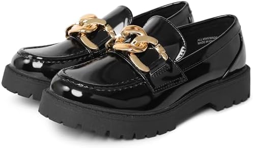 Girl's Platform Loafers Slip On Chain Chunky Shoes Round Toe School Uniform Dress Flats