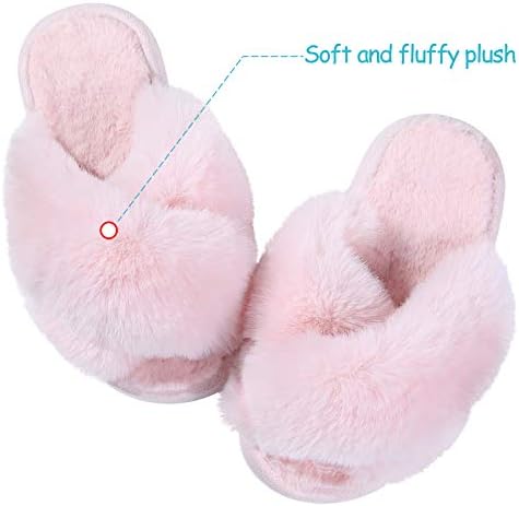 Girl's Soft Plush Lightweight House Slippers Non Slip Cross Band Slip On Open Toe Cozy Indoor Outdoor Slippers