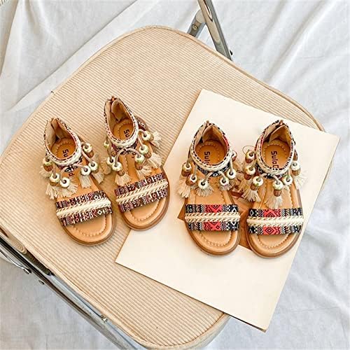 Girls Bohemian Open Toe Sandals With Tassel Beaded Vintage Open Toe Soft Sole Retro Roman Ethnic Style Beach Shoes