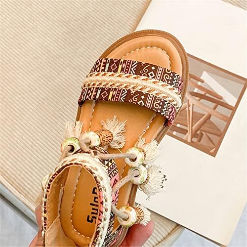 Girls Bohemian Open Toe Sandals With Tassel Beaded Vintage Open Toe Soft Sole Retro Roman Ethnic Style Beach Shoes